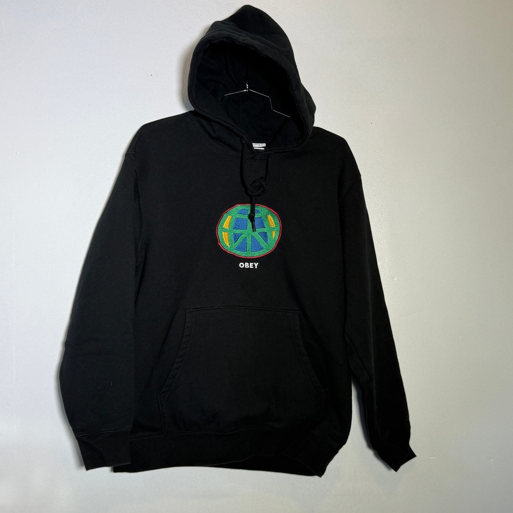 Obey Hoodie Mens Small Black‎ Embroidered Globe Graphic Pullover